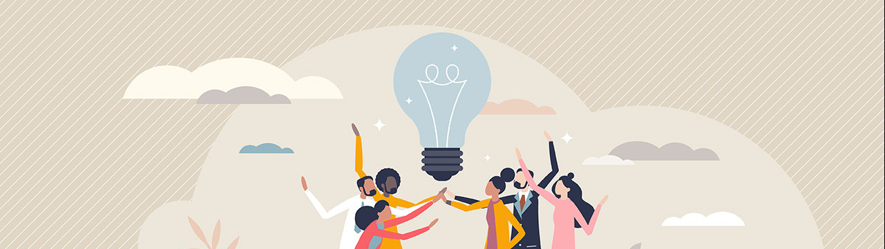 Illustration avec plusieurs personnes autour d'une ampoule réflexion ingéniere travail collaboratif innovation