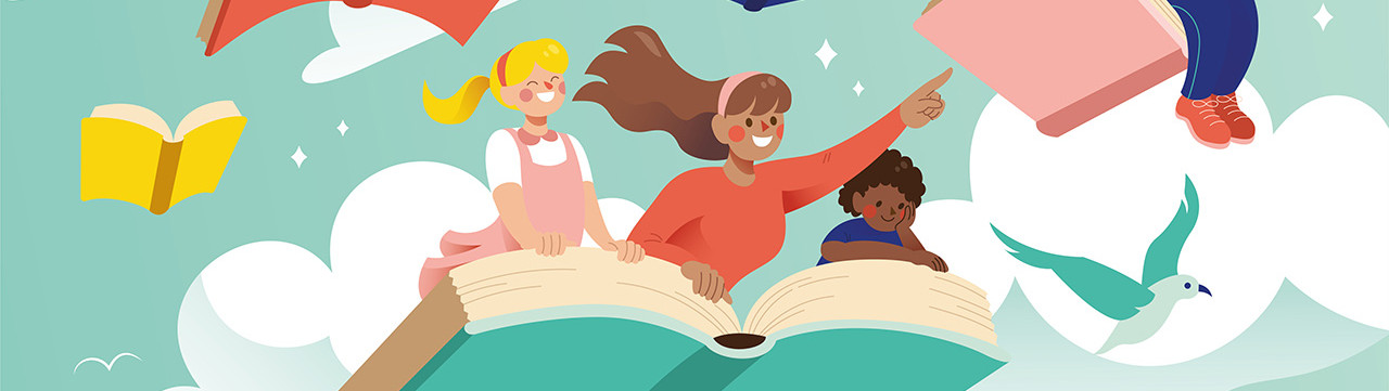 Illustration enfants élèves volent sur des livres avec un enseignant adulte lecture plaisir 