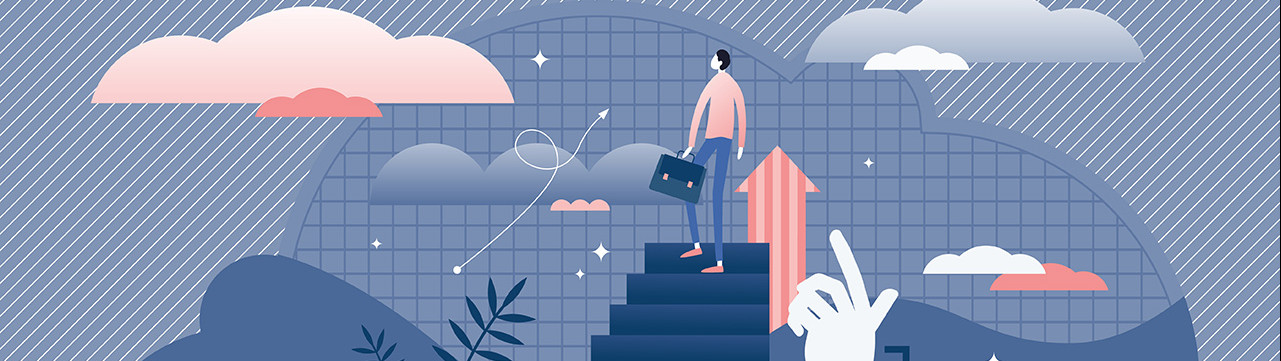 Illustration homme avec un cartable sacoche monte un escalier gestion de carrière rh ressources humaines orientation