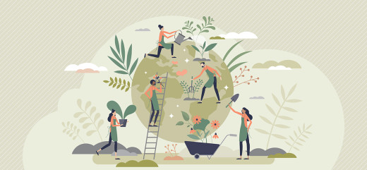 illustration écologie développement durable personnages sur le globe terrestrefont du jardinage