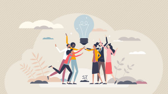 Illustration avec plusieurs personnes autour d'une ampoule réflexion ingéniere travail collaboratif innovation